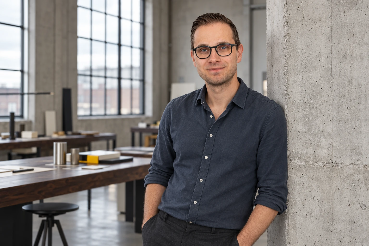 Wesley Eeckhout leunt tegen een betonnen pilaar in een ontwerpstudio.