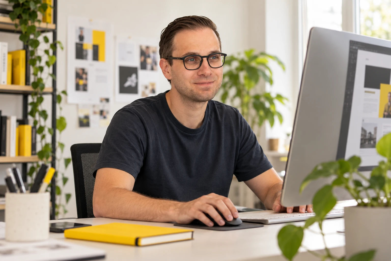 Wesley Eeckhout werkt achter een beeldscherm aan het ontwerp van een webpagina.