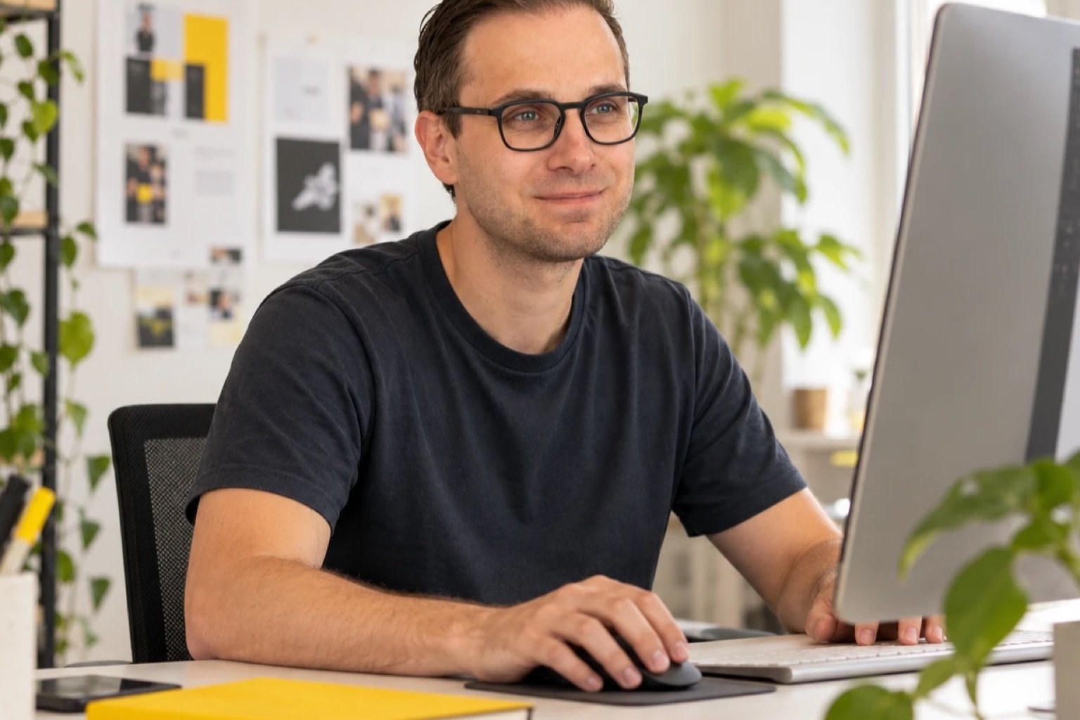 Wesley Eeckhout werkt aan een websiteontwerp op een groot beeldscherm.