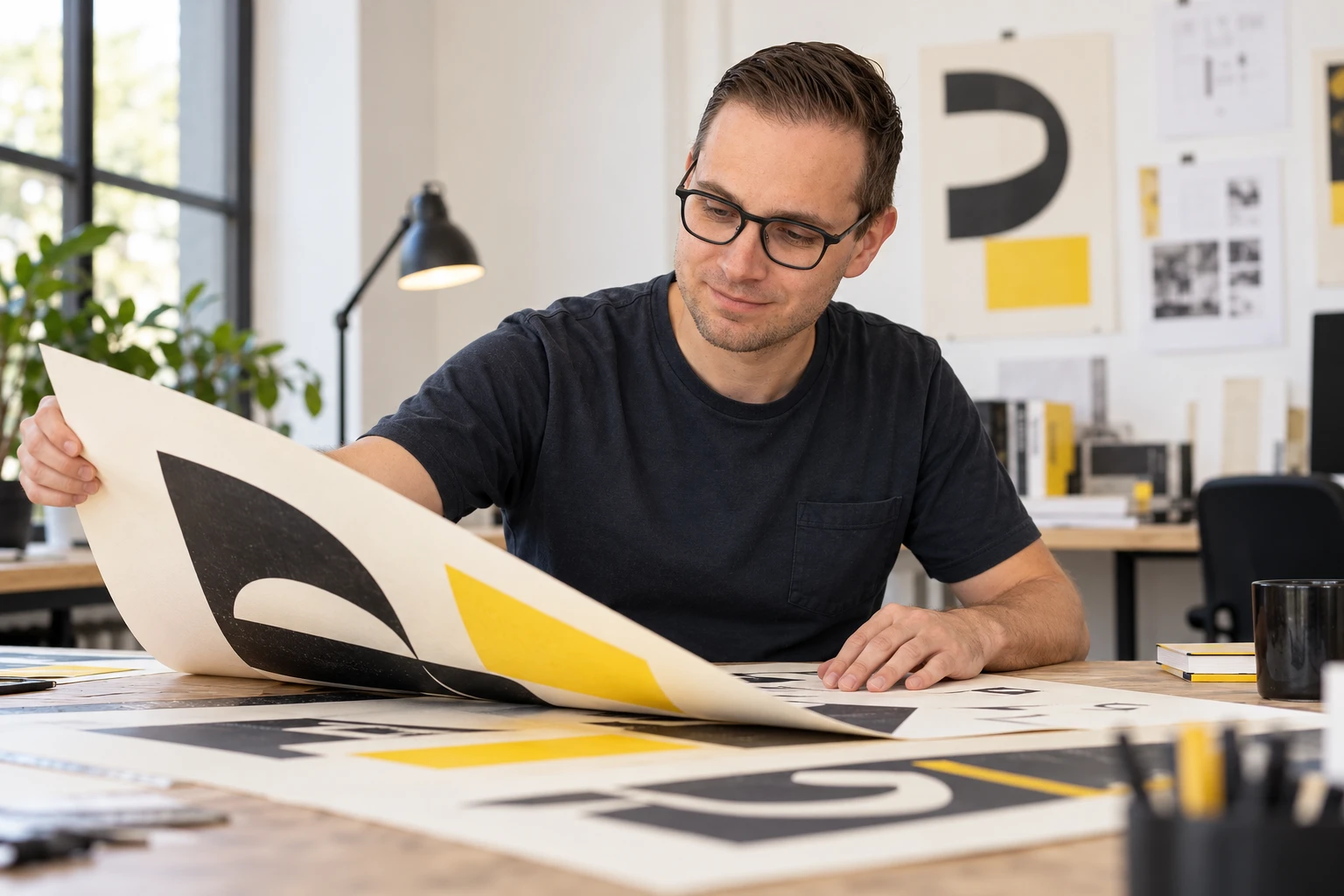 Wesley Eeckhout bekijkt een grote print met zwarte en gele vormen.
