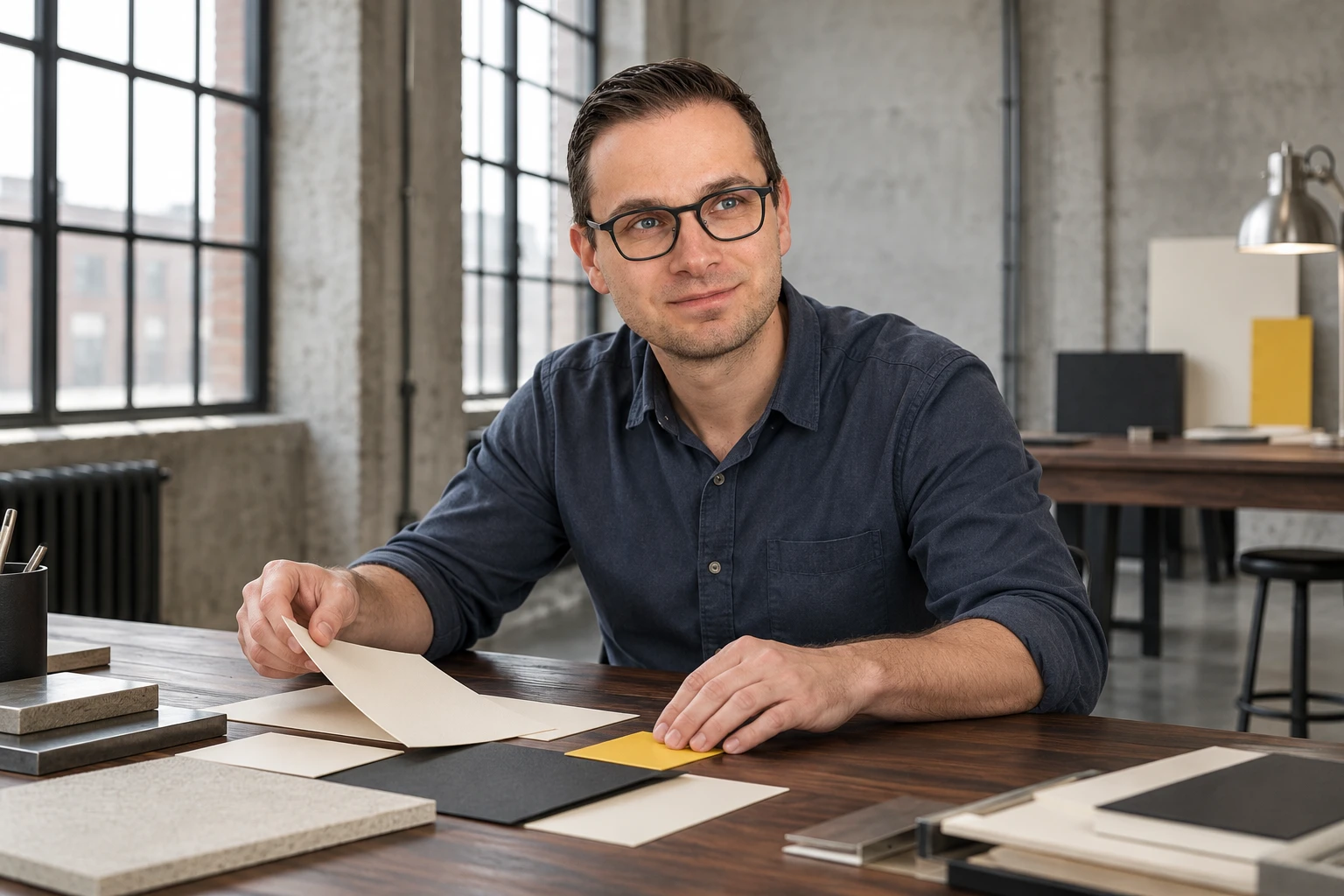 Wesley Eeckhout vergelijkt papier- en kleurstalen in zwart, crème en geel.