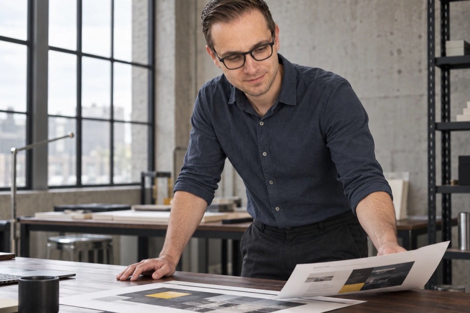 Wesley Eeckhout bekijkt geprinte ontwerpen van een website op een werktafel.