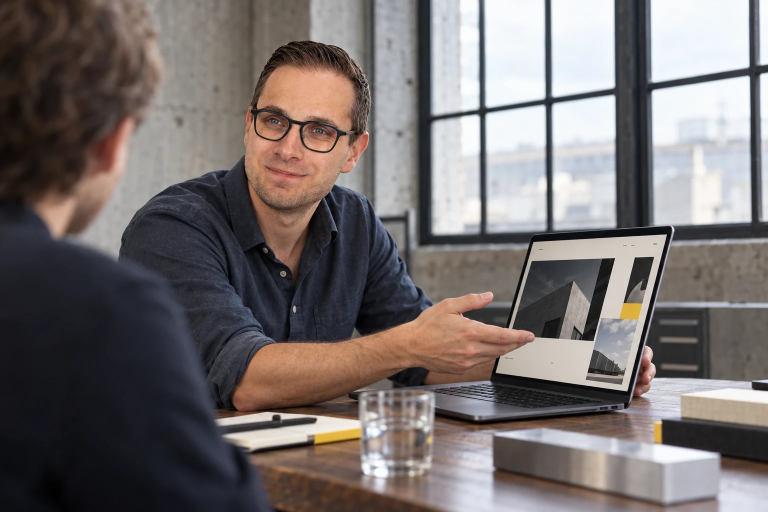 Wesley Eeckhout laat een klant een websiteontwerp op zijn laptop zien.