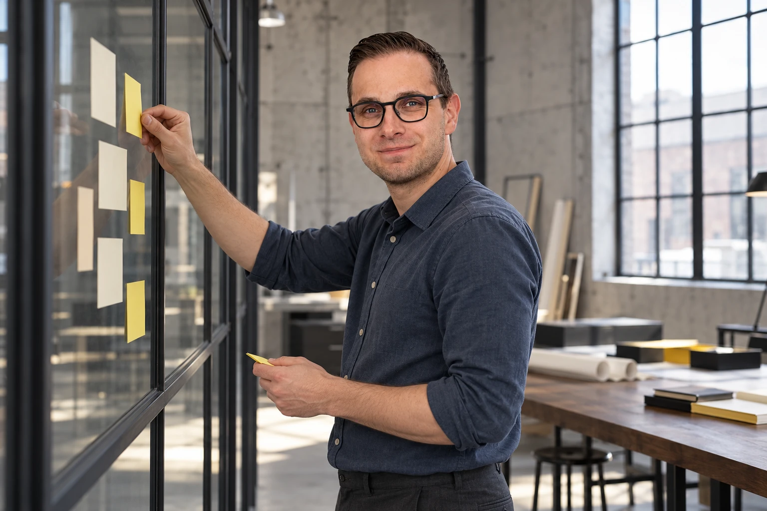 Wesley Eeckhout plakt memo’s op een glazen wand om een planning te maken.