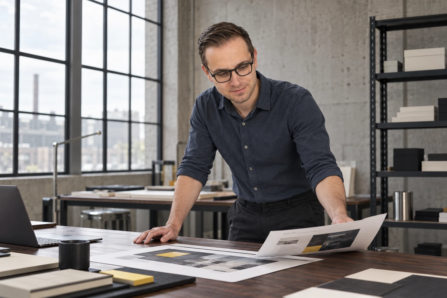 Wesley Eeckhout bekijkt geprinte websiteontwerpen op een werktafel.