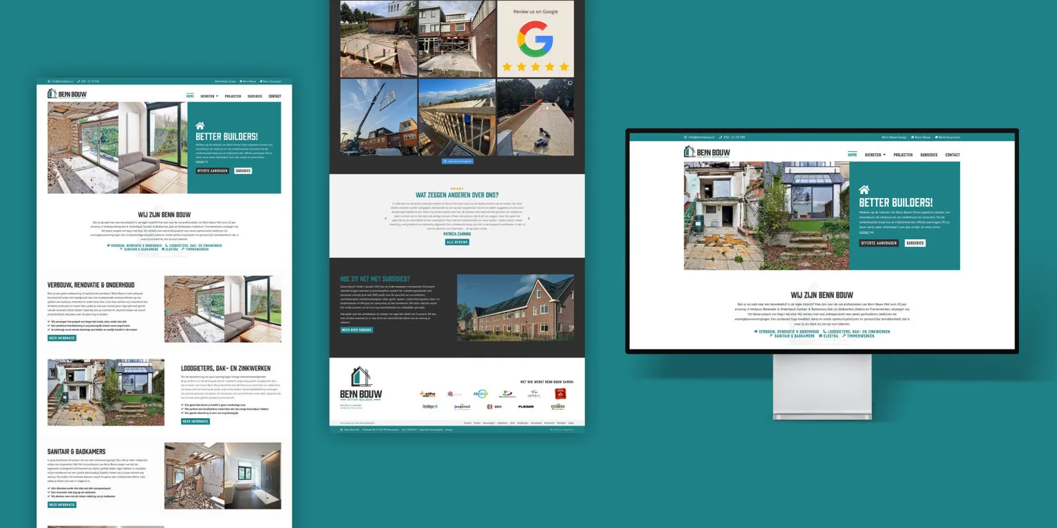 Merkenpresentatie voor Benn Bouw met website, logo en bouwfotografie.