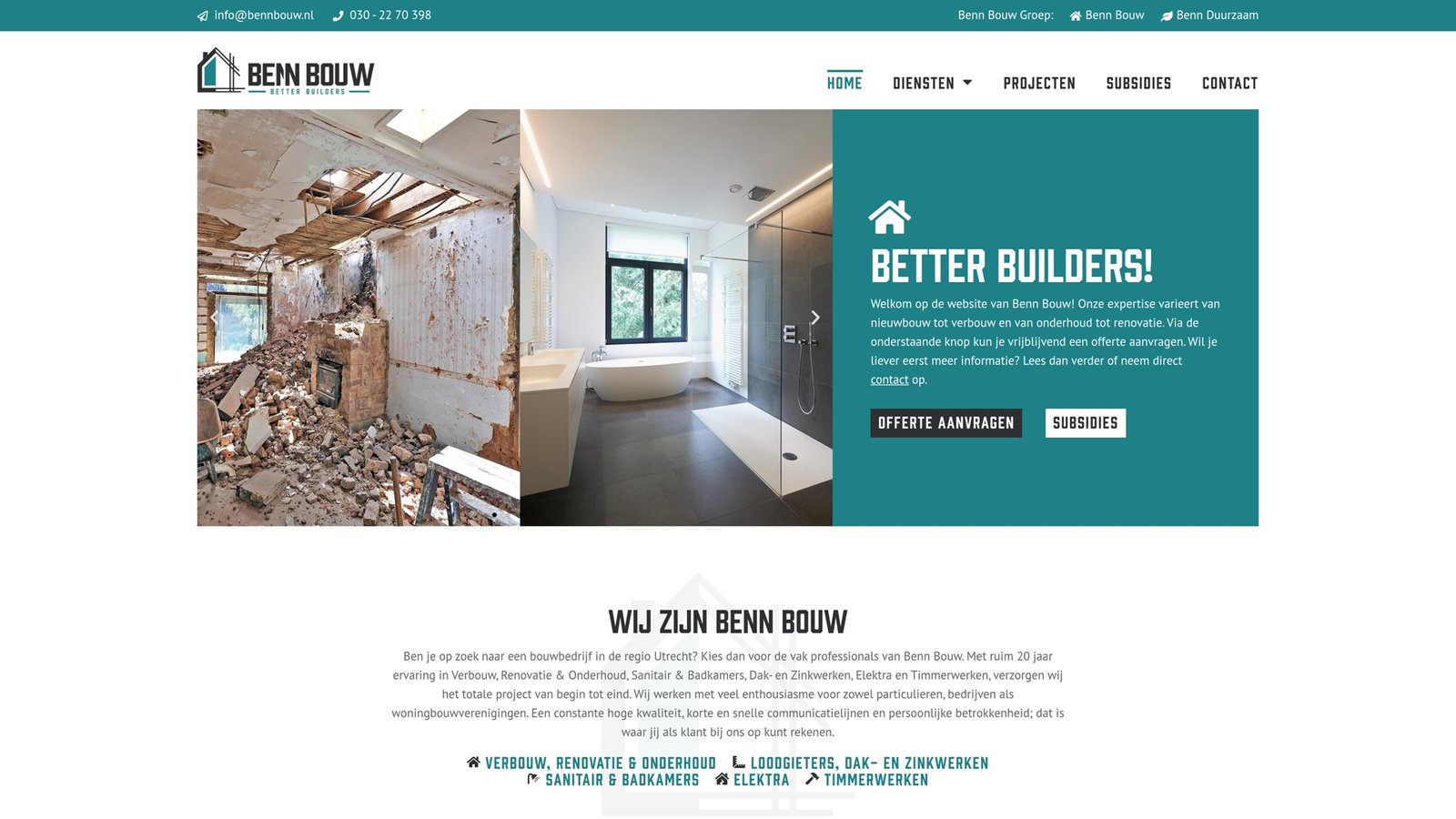 Homepage van Benn Bouw met de turquoise huisstijl en de pay-off Better Builders.