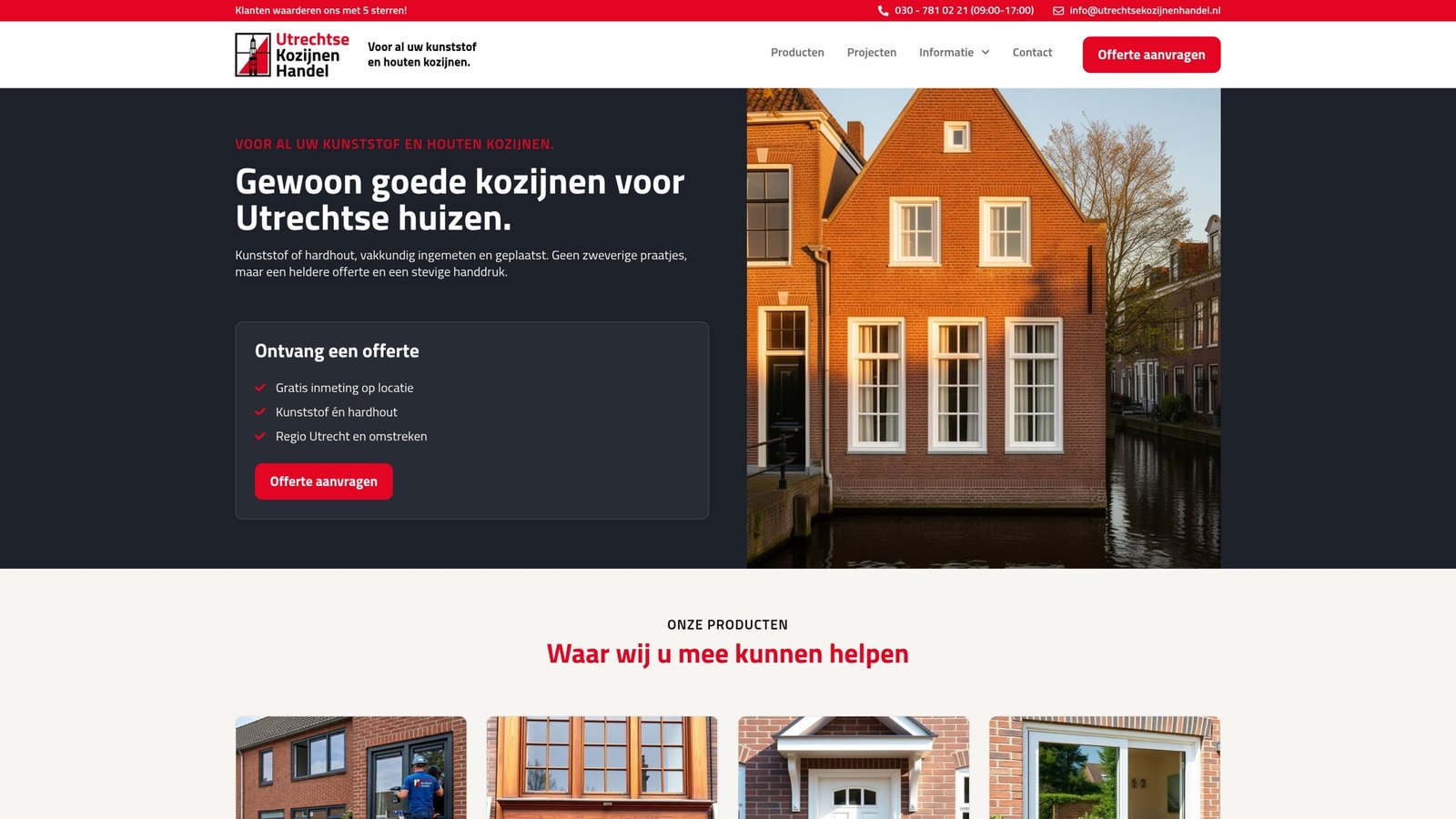 Homepage van Utrechtse Kozijnenhandel met woningbeeld en een offerteblok.