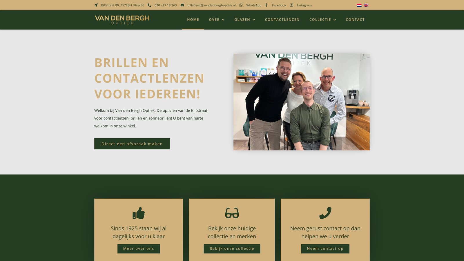 Homepage van Van den Bergh Optiek met donkerblauwe en gouden huisstijl.